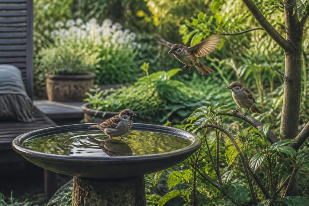 Seit ich Wasserstellen im Garten regelmäßig so reinige, kommen deutlich mehr Vögel vorbei